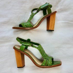 Frye Green Woven Leather Heeled Sandals Sz 6.5